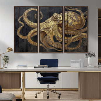 47056538-MGV-CV-36X24-Octopus Canvas Wall Art – Gold Detail, Wooden Texture, Marine Life, Ocean Creature Tentacles, Nautical Coastal Rustic Decor for
