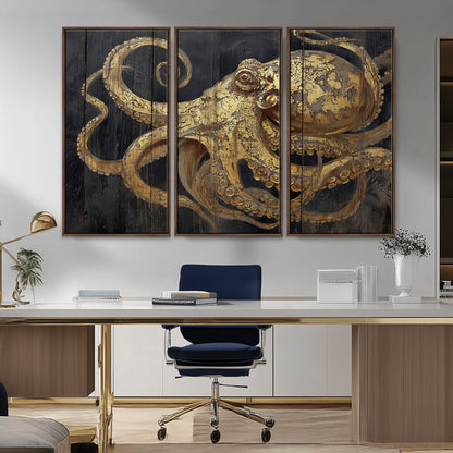47056538-MGV-CV-36X24-Octopus Canvas Wall Art – Gold Detail, Wooden Texture, Marine Life, Ocean Creature Tentacles, Nautical Coastal Rustic Decor for