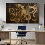 56769669-MGV-CV-36X24-Octopus Wall Art – Gold Nautical Canvas Print with Rustic Wood Panel Design, Detailed Marine Artwork for Coastal Ocean Decoration