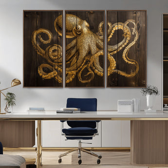 56769669-MGV-CV-36X24-Octopus Wall Art – Gold Nautical Canvas Print with Rustic Wood Panel Design, Detailed Marine Artwork for Coastal Ocean Decoration