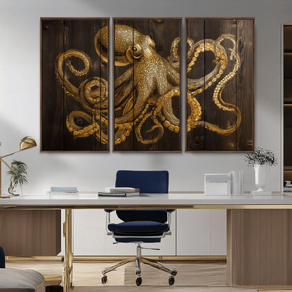56769669-MGV-CV-36X24-Octopus Wall Art – Gold Nautical Canvas Print with Rustic Wood Panel Design, Detailed Marine Artwork for Coastal Ocean Decoration
