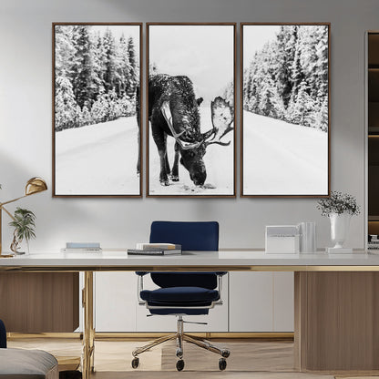 38956835-MGV-CV-36X24-Moose Wall Art – Black and White Wildlife Canvas Print with Snowy Forest Road, Rustic Nature Photography for Cabin, Lodge, Living