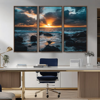 66040852-MGV-CV-36X24-Ocean Sunset Canvas Wall Art – Rocky Shore Waves, Dramatic Clouds, Golden Sun Rays, Coastal Nature, Serene Water Reflection for