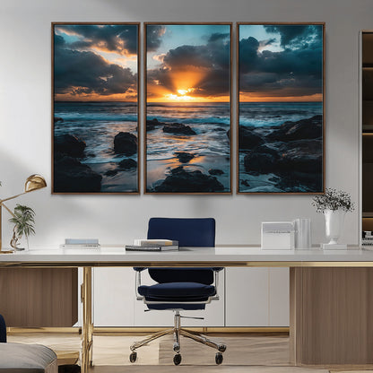 66040852-MGV-CV-36X24-Ocean Sunset Canvas Wall Art – Rocky Shore Waves, Dramatic Clouds, Golden Sun Rays, Coastal Nature, Serene Water Reflection for