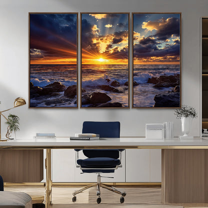 35900590-MGV-CV-36X24-Sunset Ocean Waves Canvas Wall Art – Rocky Shore, Dramatic Sky, Golden Sun Rays, Coastal Beauty, Serene Water Motion for Living