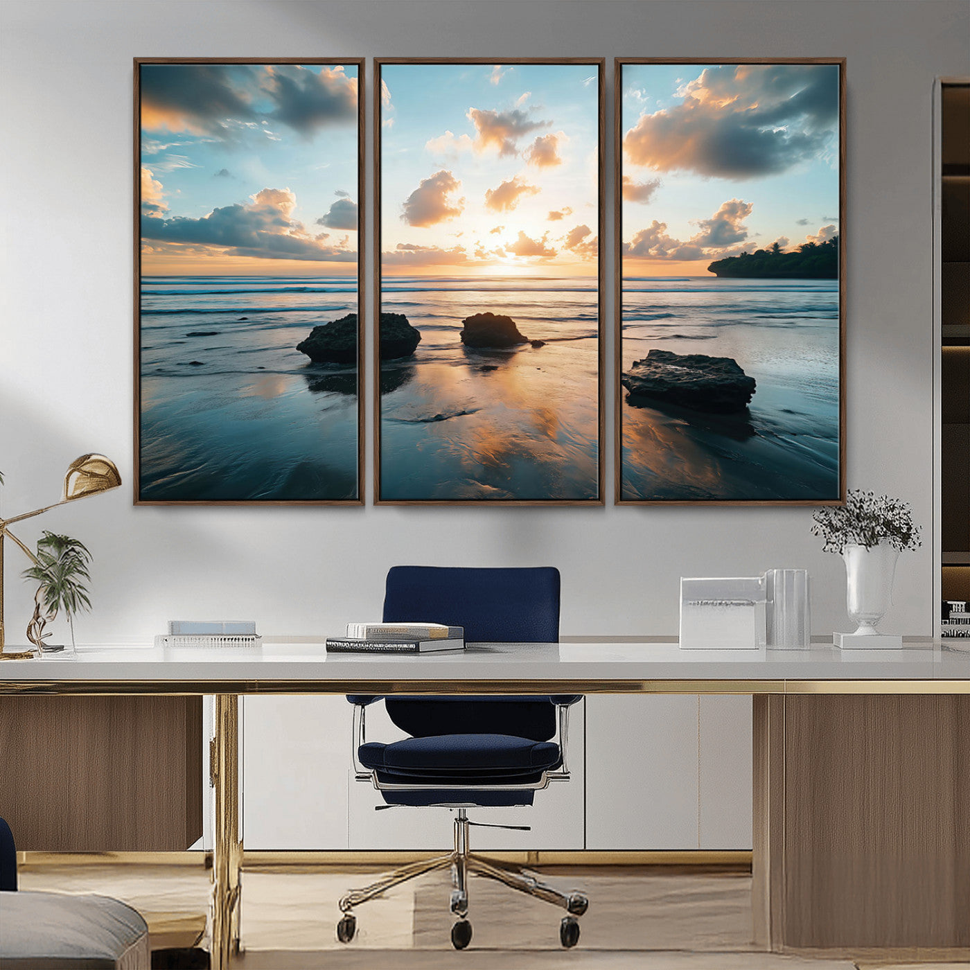 23879436-MGV-CV-36X24-Ocean Sunset Wall Art – Serene Seascape Canvas Print with Golden Sky, Reflections on Sand and Calm Waves, Peaceful Coastal