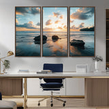 23879436-MGV-CV-36X24-Ocean Sunset Wall Art – Serene Seascape Canvas Print with Golden Sky, Reflections on Sand and Calm Waves, Peaceful Coastal