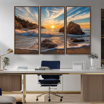 85659923-MGV-CV-36X24-Rocky Ocean Sunset Canvas Wall Art – Seaside Dramatic Seascape Print, Coastal Modern Decor, Ocean Sunset Art for Living Room or