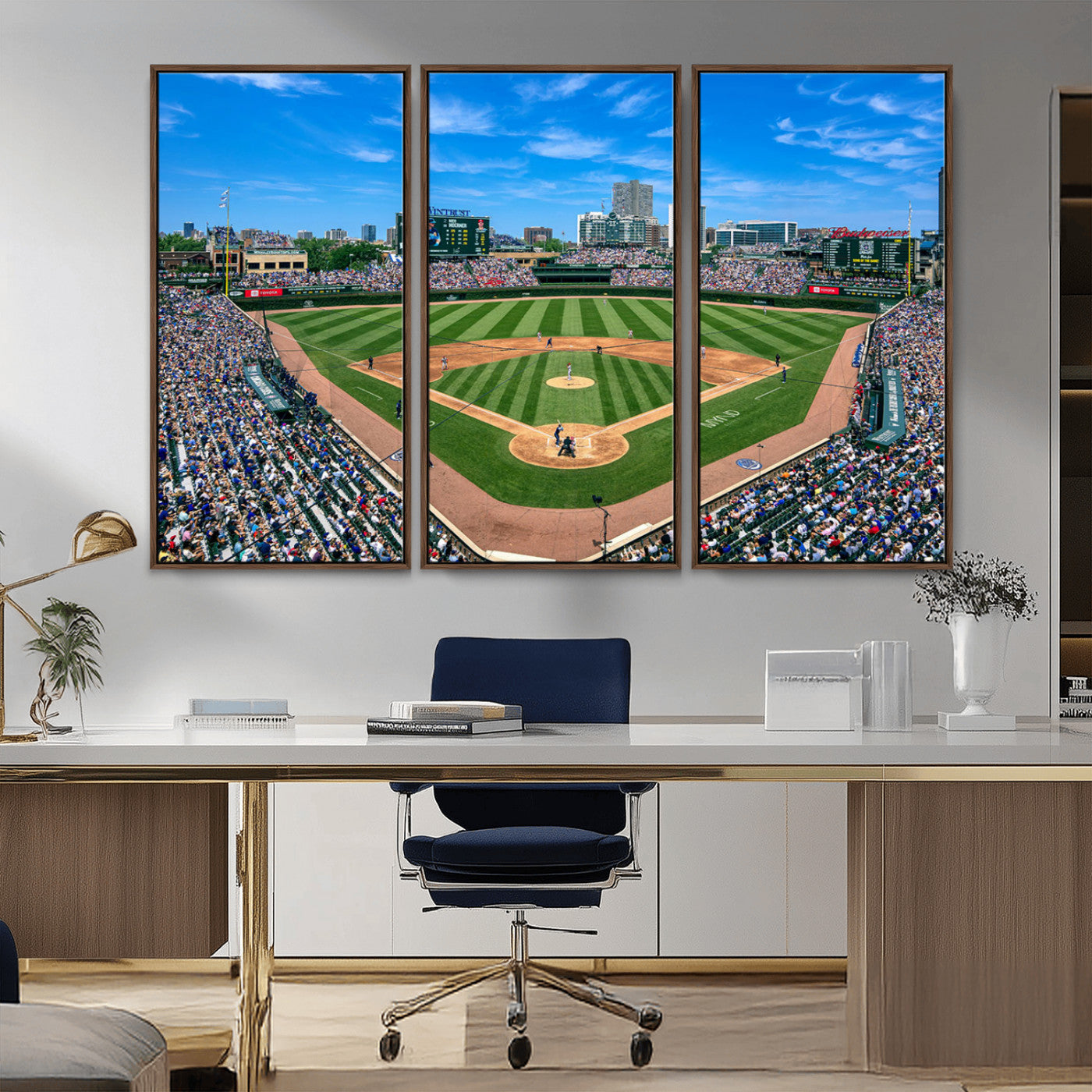56213978-MGV-CV-36X24-Baseball Stadium Wall Art – Panoramic Ballpark Canvas Print with Fans, Green Field and City Skyline, Classic Sports Photography