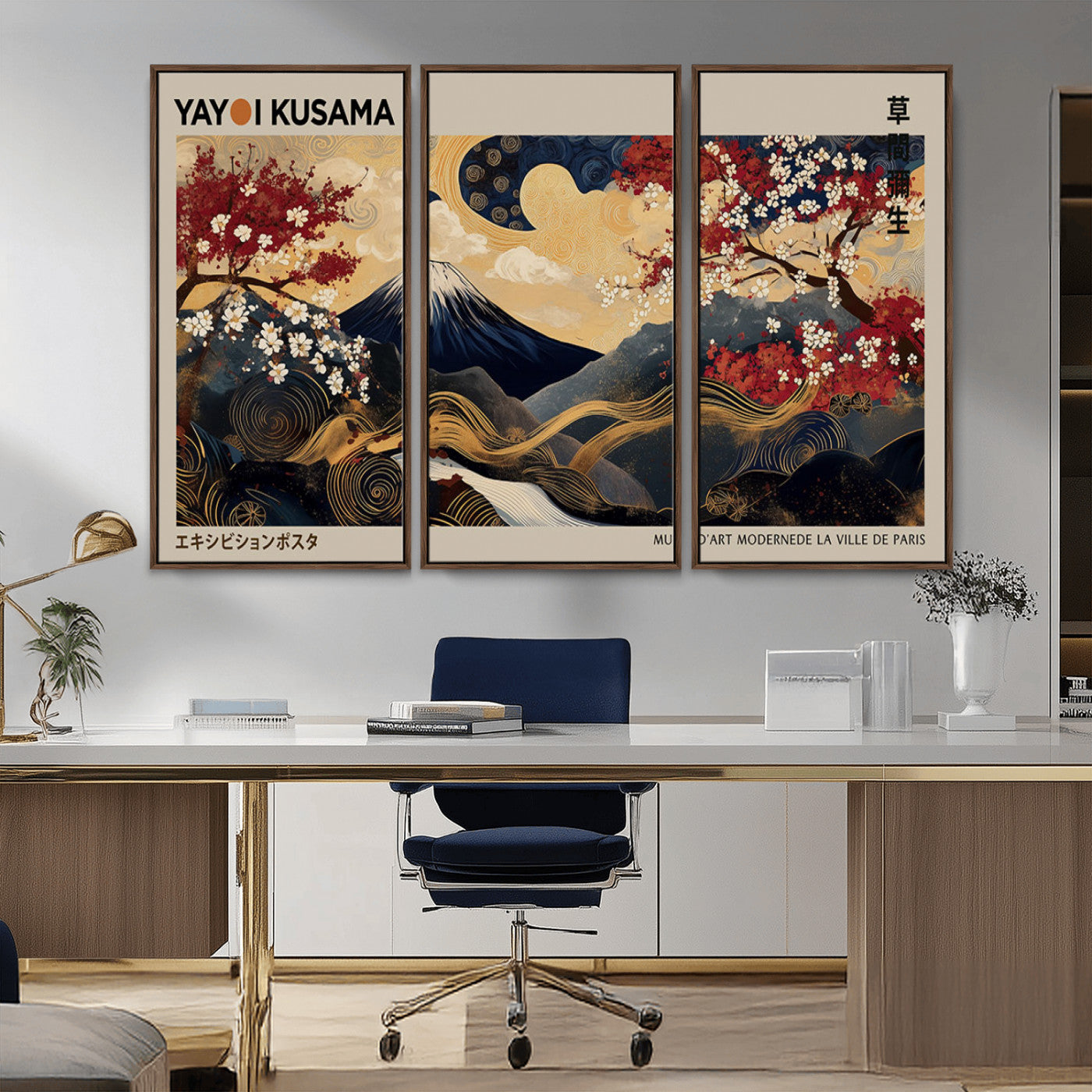 66892669-MGV-CV-36X24-Yayoi Kusama Japanese Inspired Canvas Print – Mt. Fuji & Floral Scene Wall Art, Framed Asian Style Canvas for Home, Office or