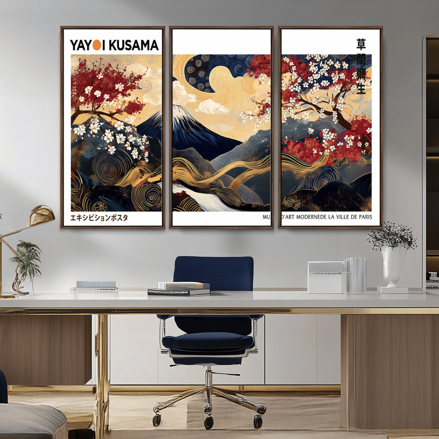 28945903-MGV-CV-36X24-Yayoi Kusama Inspired Japanese Art Canvas Print – Framed Floral & Mt. Fuji Wall Decor, Modern Asian Style Canvas for Home, Office,