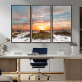58266230-MGV-CV-36X24-Beach Sunset Wall Art – Coastal Canvas Print with Sandy Dunes, Sea Grass and Golden Sky, Serene Ocean Landscape Photography for