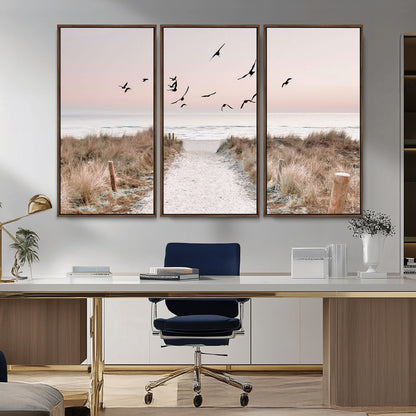 34632598-MGV-CV-36X24-Coastal Pathway Canvas Wall Art – Framed Seaside Landscape, Large Beach and Birds Canvas Print for Home, Office, or Living Room