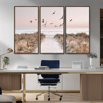 34632598-MGV-CV-36X24-Beach Pathway Wall Art – Coastal Canvas Print with Sandy Trail, Flying Birds and Pastel Sky, Serene Ocean Landscape Photography