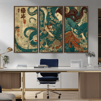 46837670-MGV-CV-36X24-Tsukioka Yoshitoshi Samurai Wall Art Print, Japanese Katana Warrior Canvas Wall Art, Octopus Sea Monster Canvas Print,
