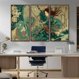 86918027-MGV-CV-36X24-Tsukioka Yoshitoshi Samurai Wall Art Print, Japanese Katana Warrior Canvas Wall Art, Octopus Sea Monster Canvas Print,