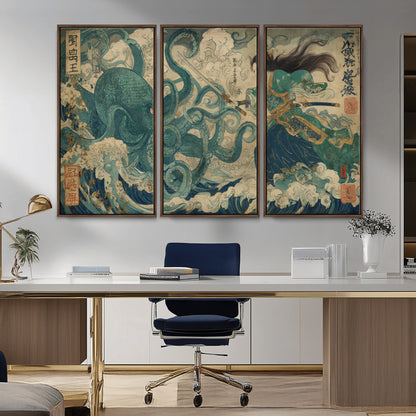 60346622-MGV-CV-36X24-Samurai Warrior vs Octopus Wall Art – Japanese Ukiyo-e Style Ocean Battle Canvas Print, Traditional Samurai Artwork for Living