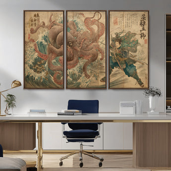 63782167-MGV-CV-36X24-Tsukioka Yoshitoshi Samurai Wall Art Print, Japanese Katana Warrior Canvas Wall Art, Octopus Sea Monster Canvas Print,