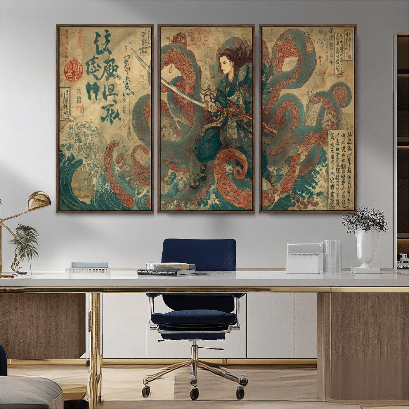 98593115-MGV-CV-36X24-Tsukioka Yoshitoshi Samurai Wall Art Print, Japanese Katana Warrior Canvas Wall Art, Octopus Sea Monster Canvas Print,
