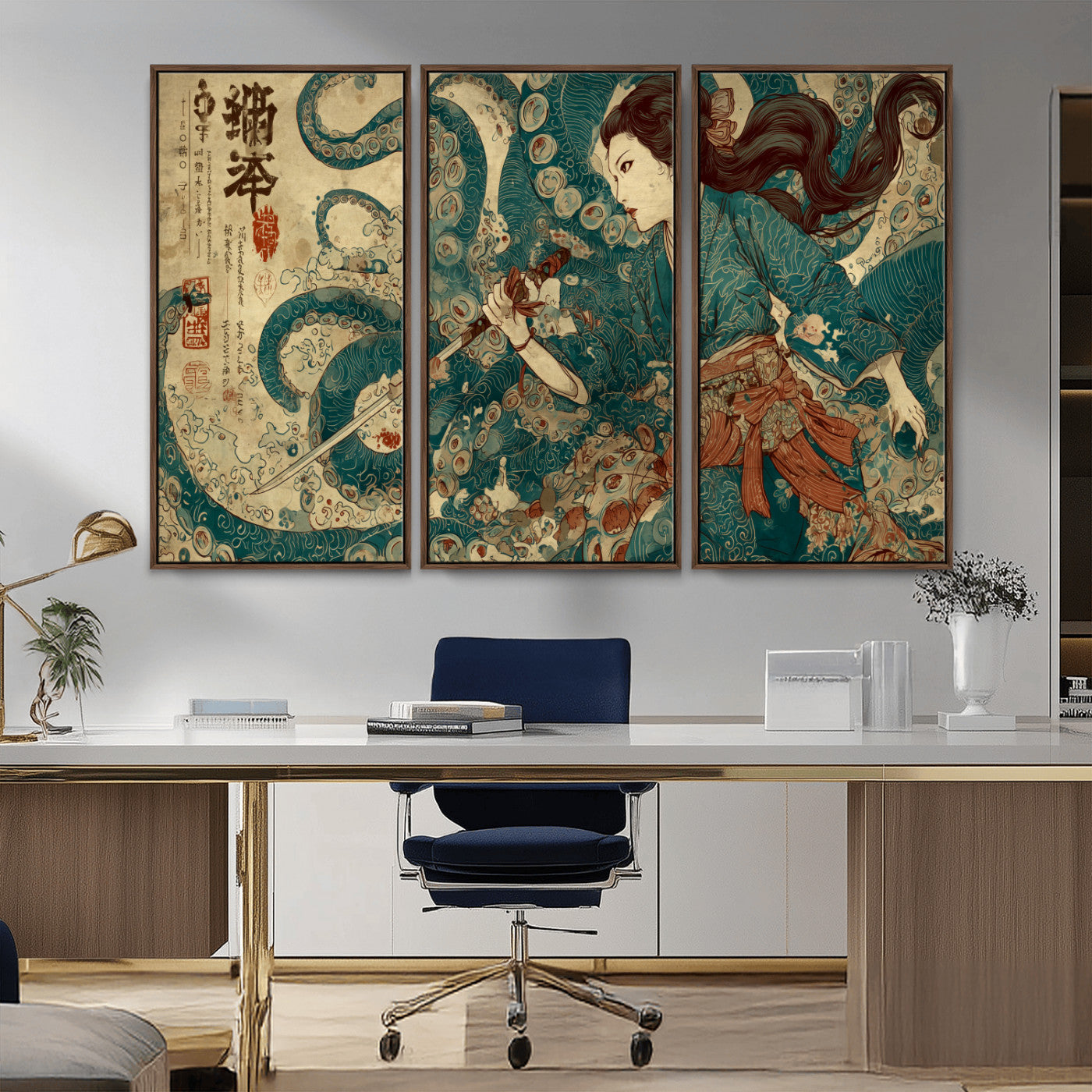 18575670-MGV-CV-36X24-Tsukioka Yoshitoshi Samurai Wall Art Print, Japanese Katana Warrior Canvas Wall Art, Octopus Sea Monster Canvas Print,