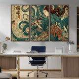 18575670-MGV-CV-36X24-Samurai Woman vs Octopus Wall Art – Japanese Ukiyo-e Ocean Battle Canvas Print, Traditional Warrior Artwork for Living Room,