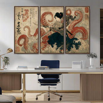 50812504-MGV-CV-36X24-Samurai Woman vs Octopus Wall Art – Japanese Ukiyo-e Red Tentacle Canvas Print, Ocean Battle Artwork for Living Room, Office, Man