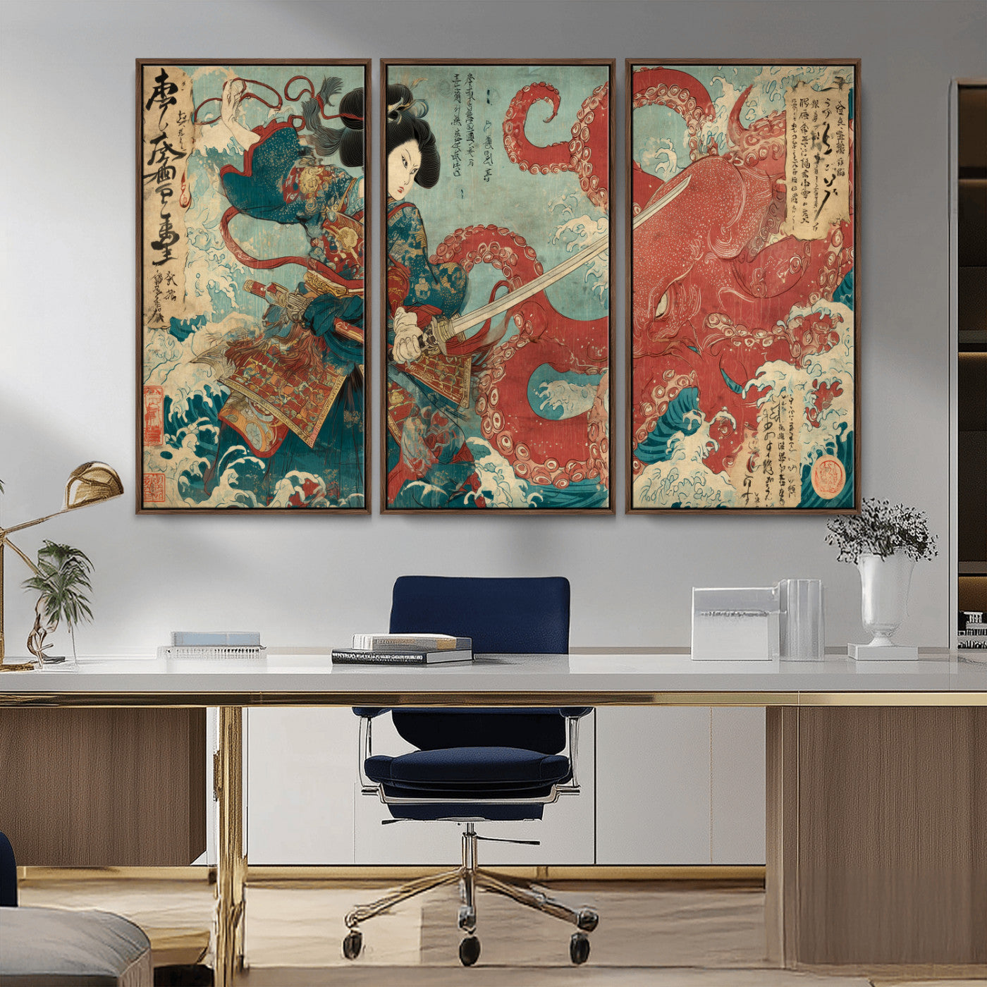 68844327-MGV-CV-36X24-Tsukioka Yoshitoshi Samurai Wall Art Print, Japanese Katana Warrior Canvas Wall Art, Octopus Sea Monster Canvas Print,