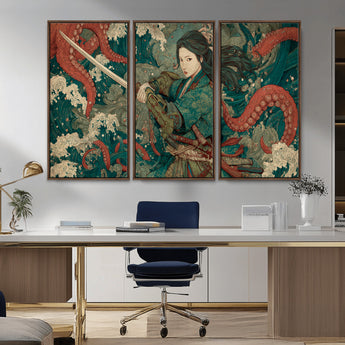 35461724-MGV-CV-36X24-Samurai Woman vs Octopus Wall Art – Japanese Ukiyo-e Ocean Waves Canvas Print, Red Tentacle Battle Artwork for Living Room,