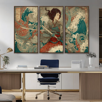 63377977-MGV-CV-36X24-Tsukioka Yoshitoshi Samurai Wall Art Print, Japanese Katana Warrior Canvas Wall Art, Octopus Sea Monster Canvas Print,