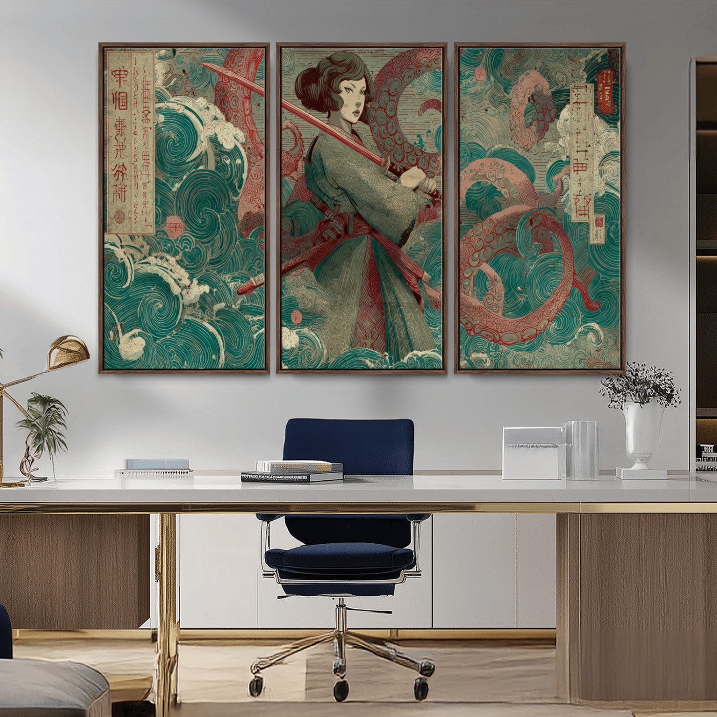 91666601-MGV-CV-36X24-Samurai Woman vs Octopus Wall Art – Japanese Ukiyo-e Green Robe Canvas Print, Ocean Battle Artwork for Living Room, Office, Man