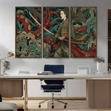 18902796-MGV-CV-36X24-Samurai Woman vs Octopus Wall Art – Japanese Ukiyo-e Green Kimono Canvas Print, Ocean Battle Scene Artwork for Living Room,