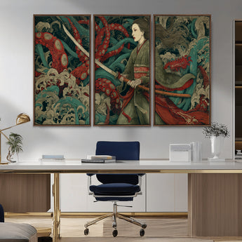 18902796-MGV-CV-36X24-Samurai Woman vs Octopus Wall Art – Japanese Ukiyo-e Green Kimono Canvas Print, Ocean Battle Scene Artwork for Living Room,