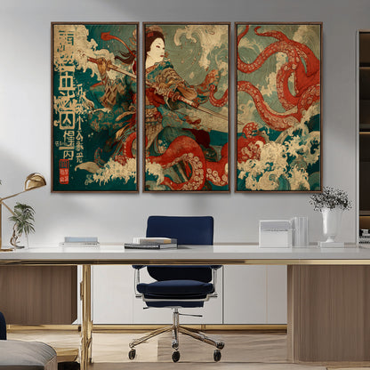 60201267-MGV-CV-36X24-Samurai Woman vs Octopus Wall Art – Japanese Ukiyo-e Armor Canvas Print, Red Tentacle Ocean Battle Artwork for Living Room,