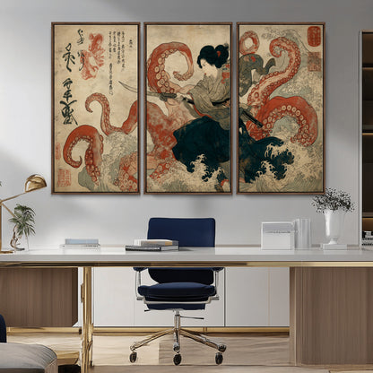 82737246-MGV-CV-36X24-Samurai Woman vs Octopus Wall Art – Japanese Ukiyo-e Dual Sword Canvas Print, Red Tentacle Ocean Battle Artwork for Living Room,