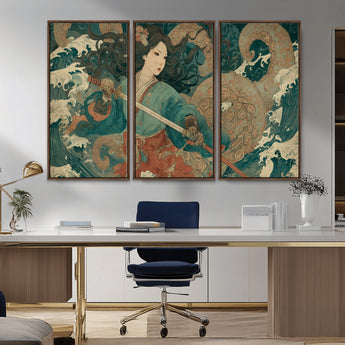 79740258-MGV-CV-36X24-Samurai Woman vs Octopus Wall Art – Japanese Ukiyo-e Blue Kimono Canvas Print, Ocean Battle Artwork for Living Room, Office, Man