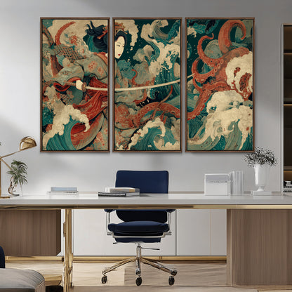 30212982-MGV-CV-36X24-Samurai Woman vs Octopus Wall Art – Japanese Ukiyo-e Style Warrior and Sea Monster Canvas Print, Mythology Inspired Artwork for