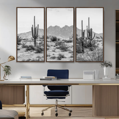 97436PHN-MGV-CV-36X24-Desert Landscape Wall Art – Black and White Cactus and Mountain Canvas Print, Southwestern Nature Photography for Living Room,
