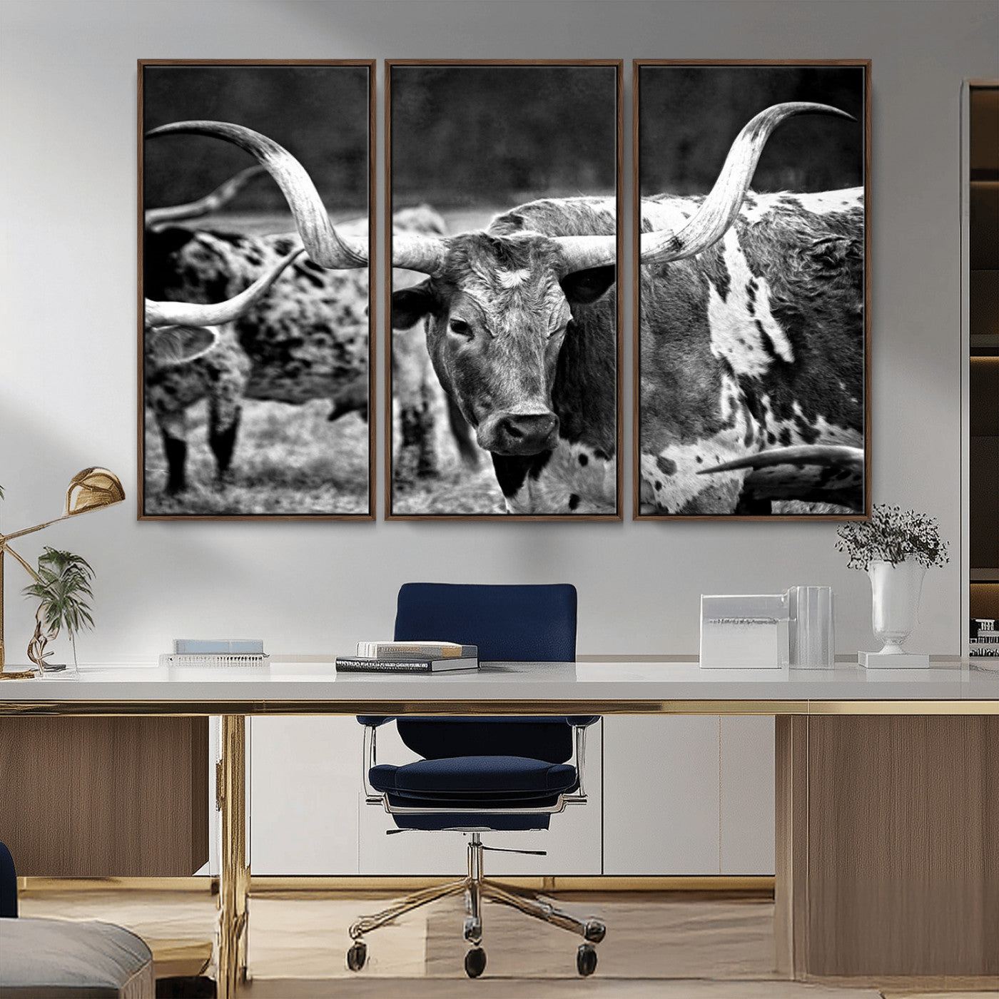 15425553-MGV-CV-36X24-Western Wall Art – Longhorn Cattle Black and White Canvas Print, Rustic Ranch Photography Decor for Bedroom, Living Room, Office,