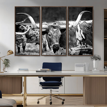 15425553-MGV-CV-36X24-Western Wall Art – Longhorn Cattle Black and White Canvas Print, Rustic Ranch Photography Decor for Bedroom, Living Room, Office,