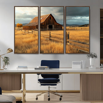 16480179-MGV-CV-36X24-Farmhouse Wall Art – Rustic Barn and Golden Field Canvas Print, Country Landscape Photography Decor for Bedroom, Living Room,