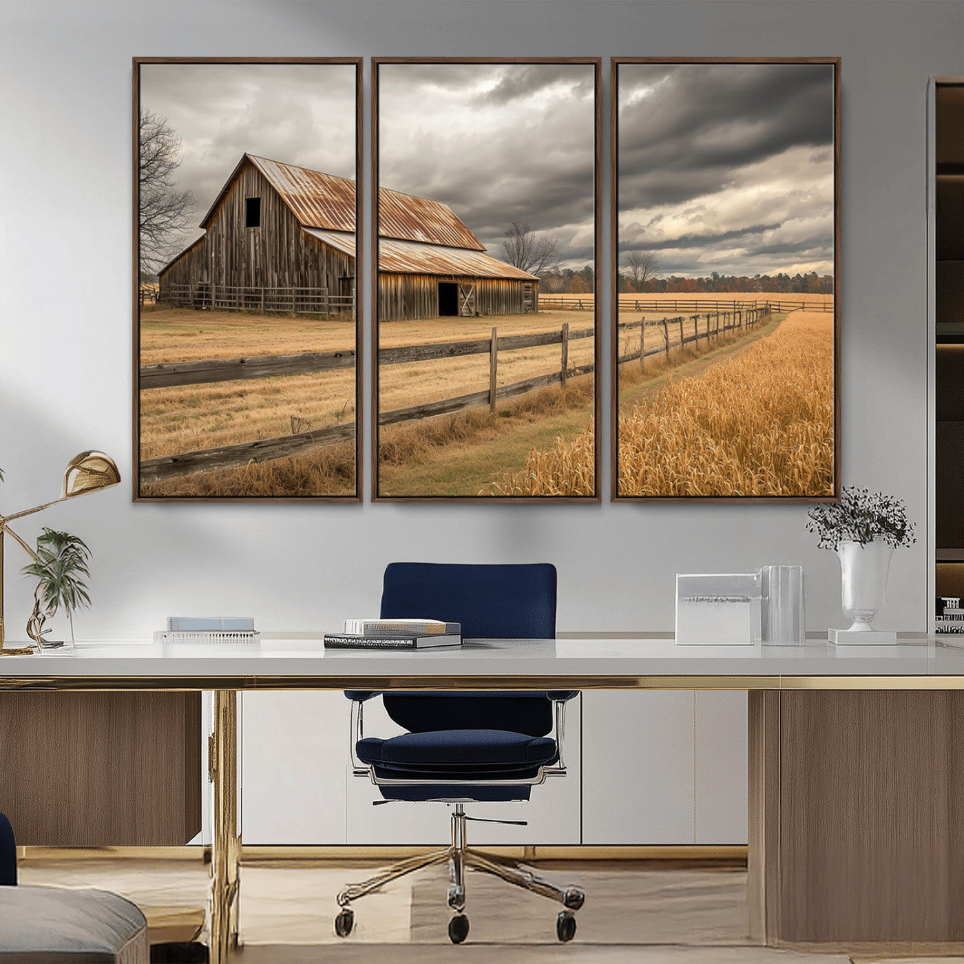 21991117-MGV-CV-36X24-Rustic Barn Wall Art – Weathered Farmhouse Canvas Print, Stormy Sky and Golden Field Photography Decor for Bedroom, Living Room,