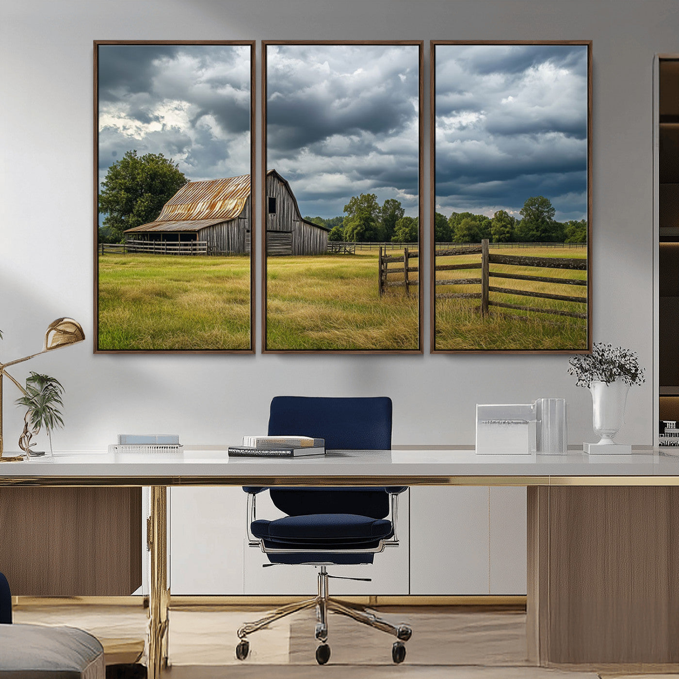 39409517-MGV-CV-36X24-Rustic Barn Wall Art – Weathered Farmhouse and Storm Clouds Canvas Print, Country Landscape Photography Decor for Bedroom, Living