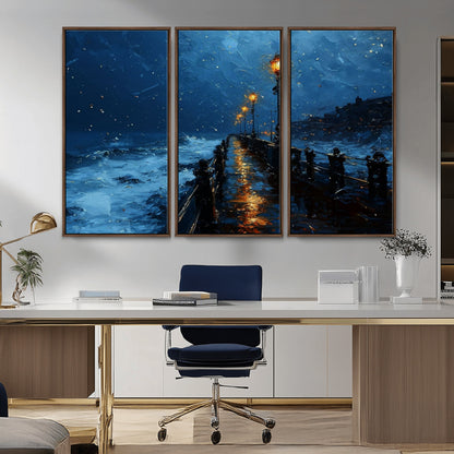 48300530-MGV-CV-36X24-Dark Stormy Pier Canvas Wall Art – Moody Ocean Night Scene with Street Lamps, Blue Coastal Seascape Print for Bedroom, Office, or