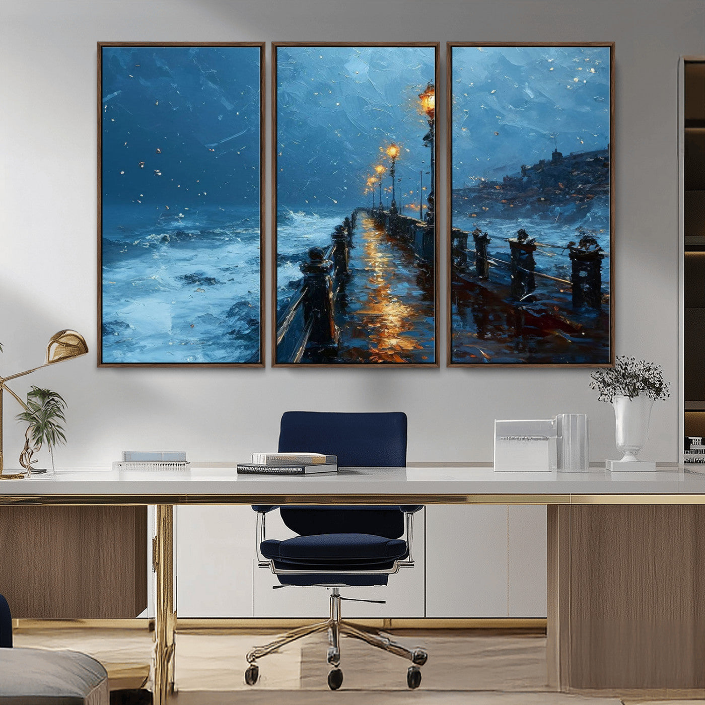 93793246-MGV-CV-36X24-Stormy Night Pier Canvas Wall Art – Moody Ocean Landscape with Lights, Blue Coastal Seascape Print for Bedroom, Living Room,