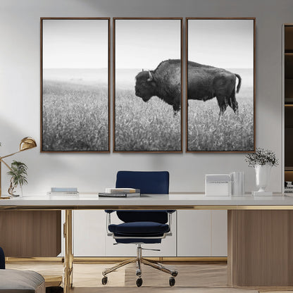 90861202-MGV-CV-36X24-Black and White Bison Canvas Wall Art – Rustic American Buffalo Print, Western Wildlife Photography for Farmhouse, Cabin, Office