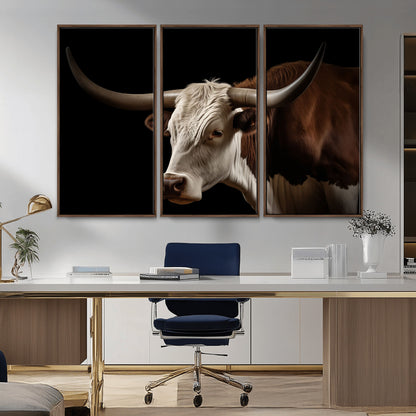 27414857-MGV-CV-36X24-Texas Longhorn Bull Canvas Wall Art – Rustic Western Farmhouse Decor, Brown & White Cow Portrait, Animal Print for Ranch Home