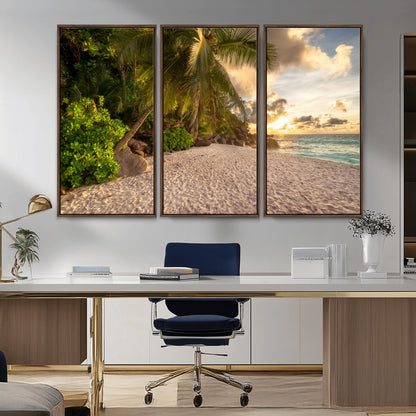 89531159-MGV-CV-36X24-Tropical Beach Sunset Canvas Wall Art – Palm Trees Golden Sand Ocean Waves Coastal Paradise Print for Beach House Bedroom Bathroom