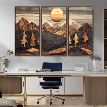 90044381-MGV-CV-36X24-Rustic Wall Art – Wooden Mountain Landscape with Sun and Pine Trees, Handcrafted Nature Canvas Style Decor for Bedroom, Living