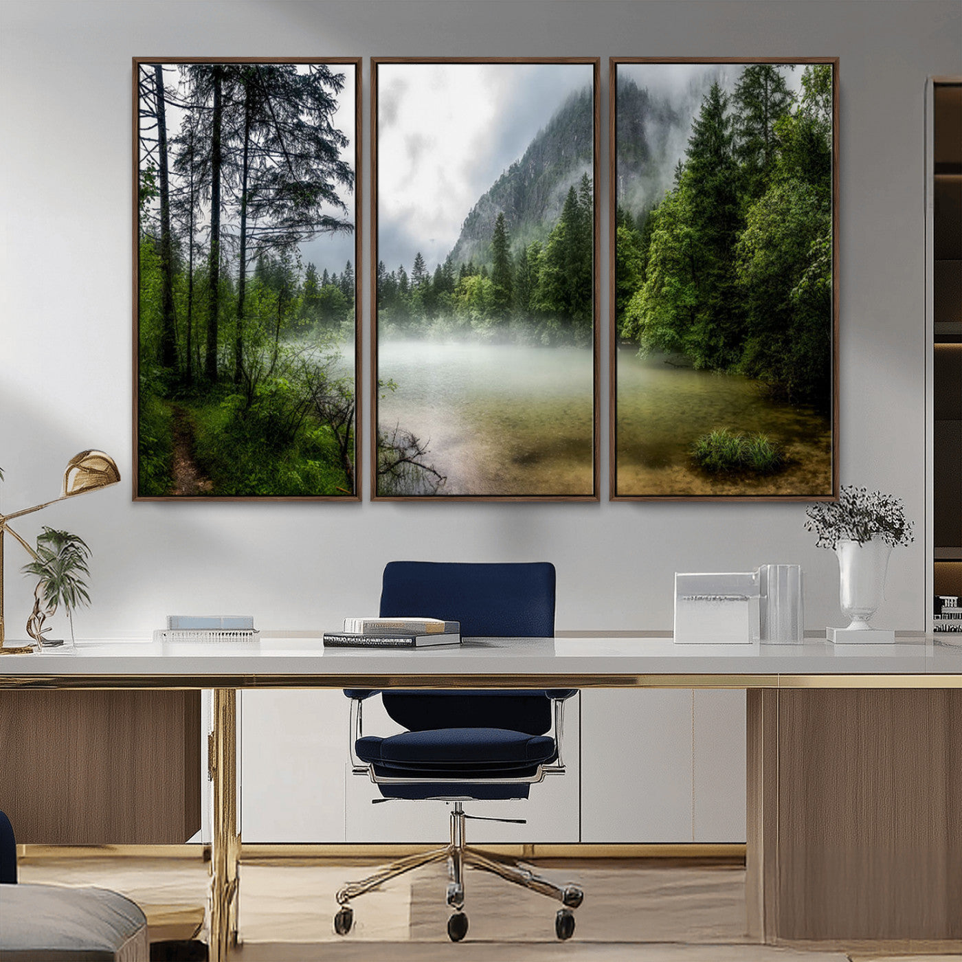 93123937-MGV-CV-36X24-Landscape Wall Art – Misty Mountain Lake Canvas Print, Tranquil Forest and Waterfall Photography Decor for Bedroom, Living Room,