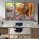 64069351-MGV-FC-48X32-3P_Walnut-Farmhouse Wall Art – Highland Cow in Wildflowers Canvas Print, Rustic Country Cattle Photography Decor for Bedroom, Living Room,
